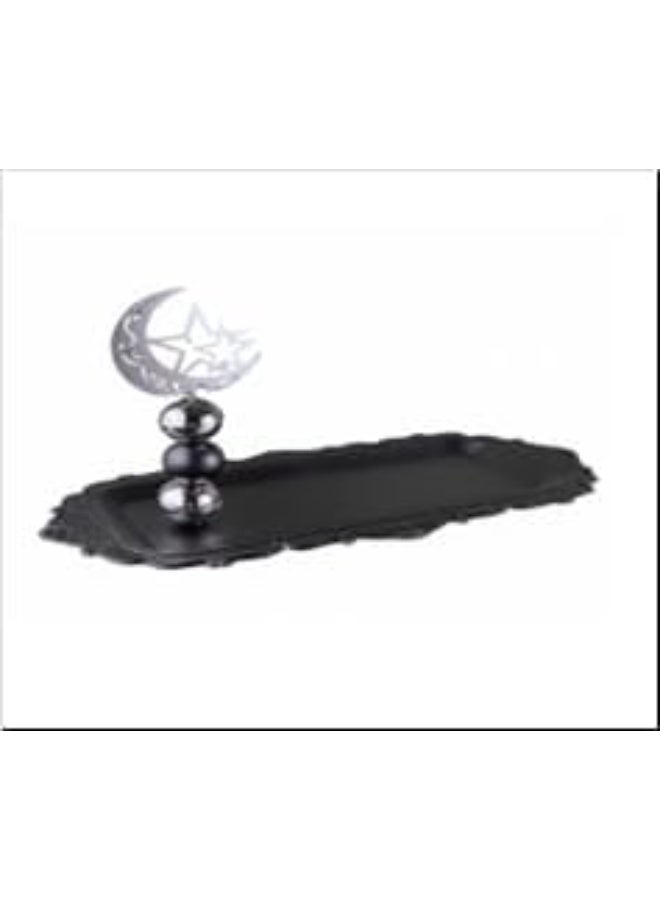 Small Serving Tray with Crescent, Star & Decorative Balls Column – Black & Silver – Elegant Ramadan Decor